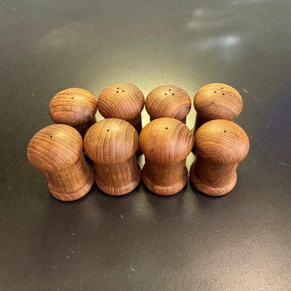 Wooden Salt and Pepper Shakers Set of 8 Brown Mushroom Mid Century Modern Style